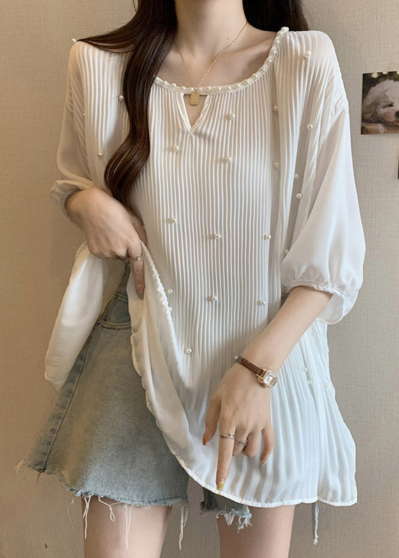 New White O Neck Nail Bead Wrinkled Shirt Tops Summer RE037 MZF-HTP240807