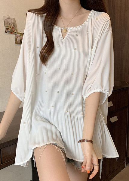 New White O Neck Nail Bead Wrinkled Shirt Tops Summer RE037 MZF-HTP240807