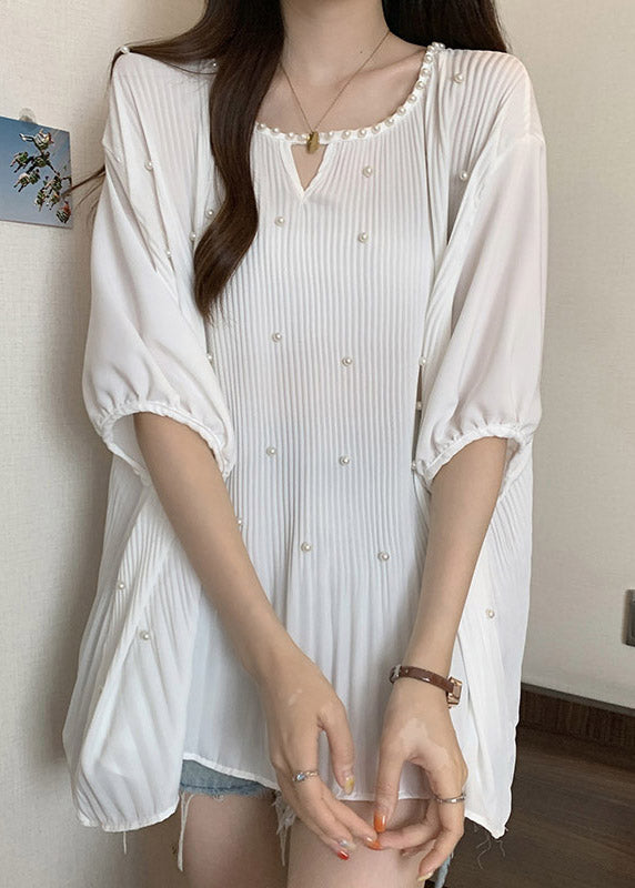 New White O Neck Nail Bead Wrinkled Shirt Tops Summer RE037 MZF-HTP240807