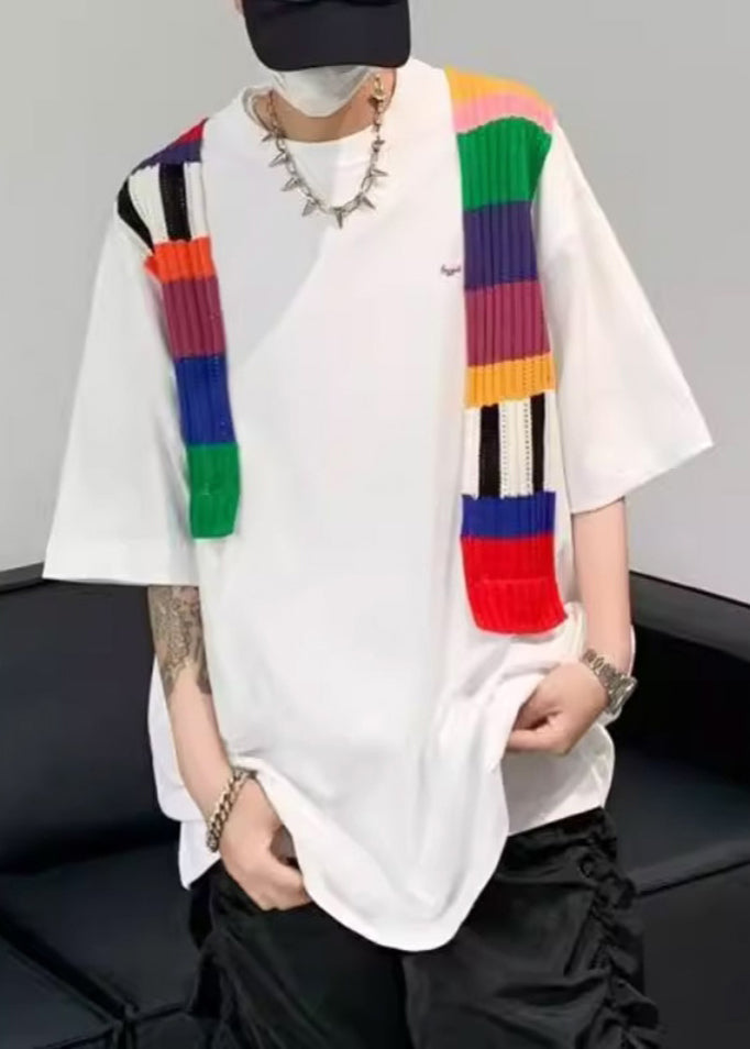 Neck New Men Cotton White Sleeve Half O T Patchwork Shirt FashionChic