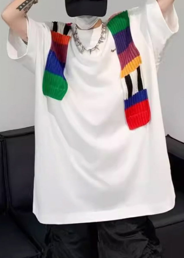 Neck New Men Cotton White Sleeve Half O T Patchwork Shirt FashionChic