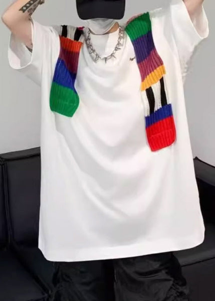 Neck New Men Cotton White Sleeve Half O T Patchwork Shirt FashionChic