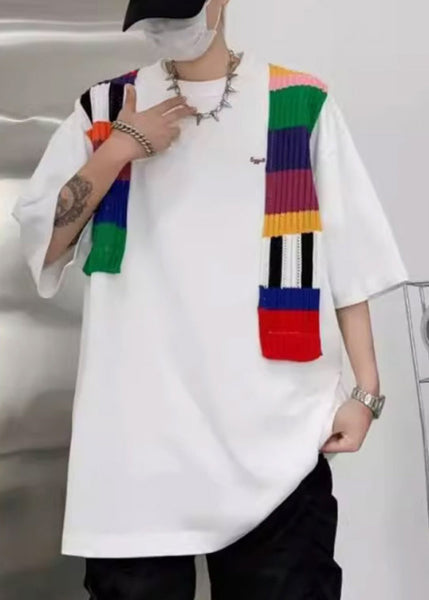 Neck New Men Cotton White Sleeve Half O T Patchwork Shirt FashionChic