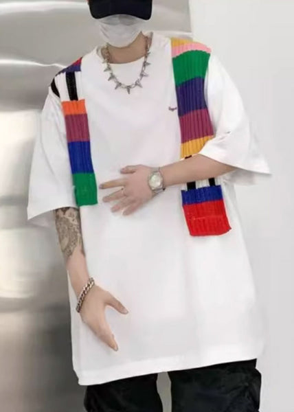 Neck New Men Cotton White Sleeve Half O T Patchwork Shirt FashionChic