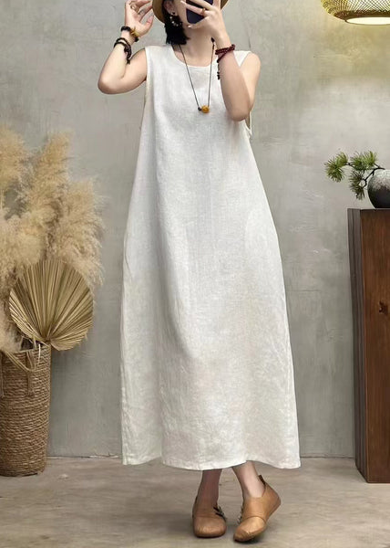 Solid Neck Dress Pockets New Long White Sleeveless O Linen FashionChic