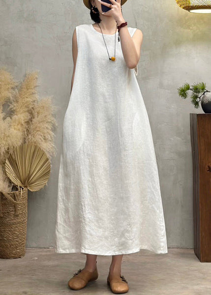 Solid Neck Dress Pockets New Long White Sleeveless O Linen FashionChic