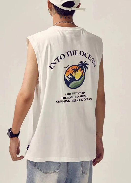 White Cotton Men Tank Neck O Print New Sleeveless FashionChic
