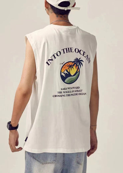 White Cotton Men Tank Neck O Print New Sleeveless FashionChic