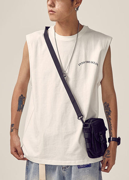 White Cotton Men Tank Neck O Print New Sleeveless FashionChic