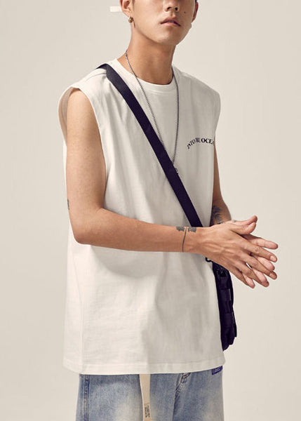 White Cotton Men Tank Neck O Print New Sleeveless FashionChic