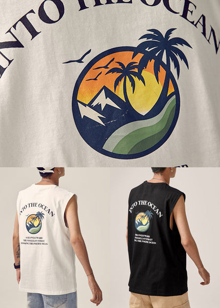 White Cotton Men Tank Neck O Print New Sleeveless FashionChic