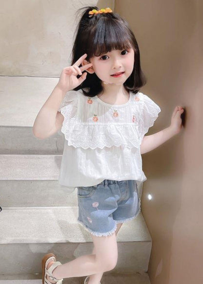 New White Patchwork Hollow Out Kids Top Short Sleeve SS1010 MM-RCTZ-STP240601