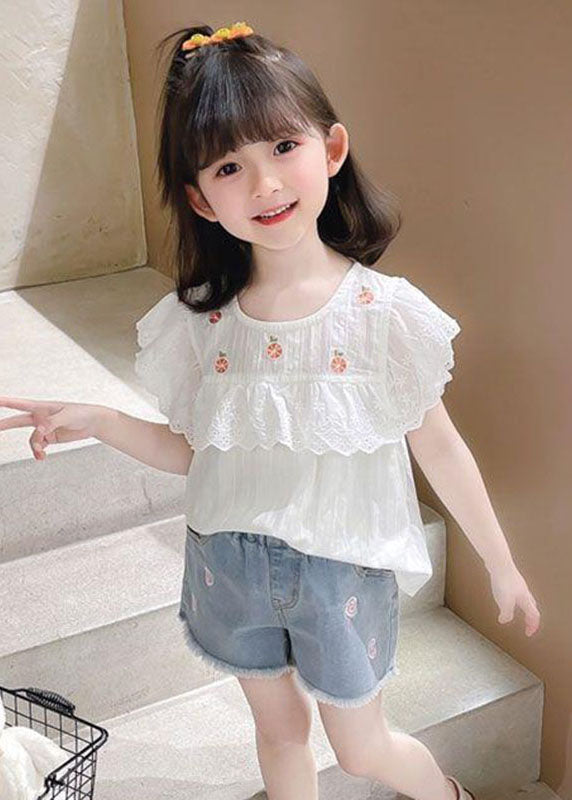 New White Patchwork Hollow Out Kids Top Short Sleeve SS1010 MM-RCTZ-STP240601