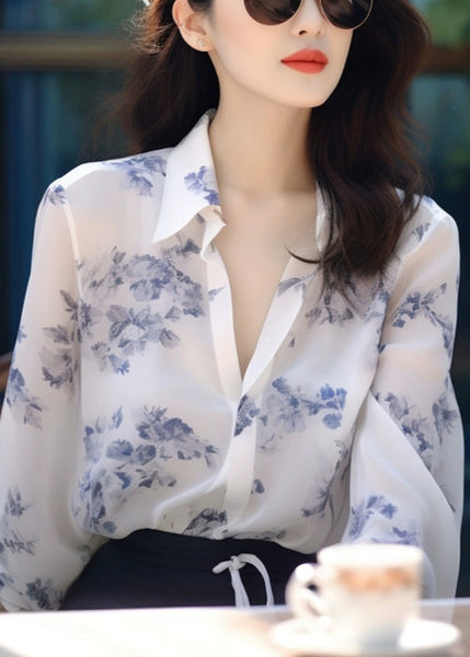 New White Peter Pan Collar Print Chiffon Blouses Long Sleeve KJ015 ZS-LTP240715