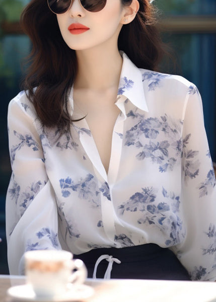 New White Peter Pan Collar Print Chiffon Blouses Long Sleeve KJ015 ZS-LTP240715