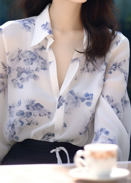 New White Peter Pan Collar Print Chiffon Blouses Long Sleeve KJ015 ZS-LTP240715