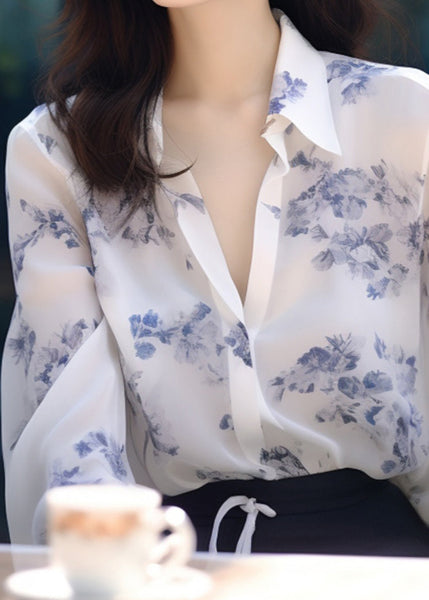 New White Peter Pan Collar Print Chiffon Blouses Long Sleeve KJ015 ZS-LTP240715