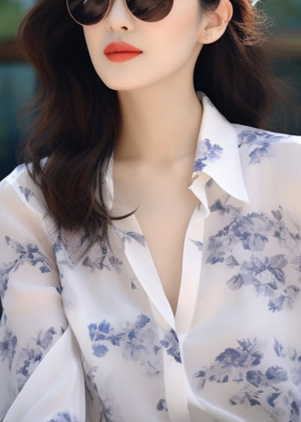 New White Peter Pan Collar Print Chiffon Blouses Long Sleeve KJ015 ZS-LTP240715