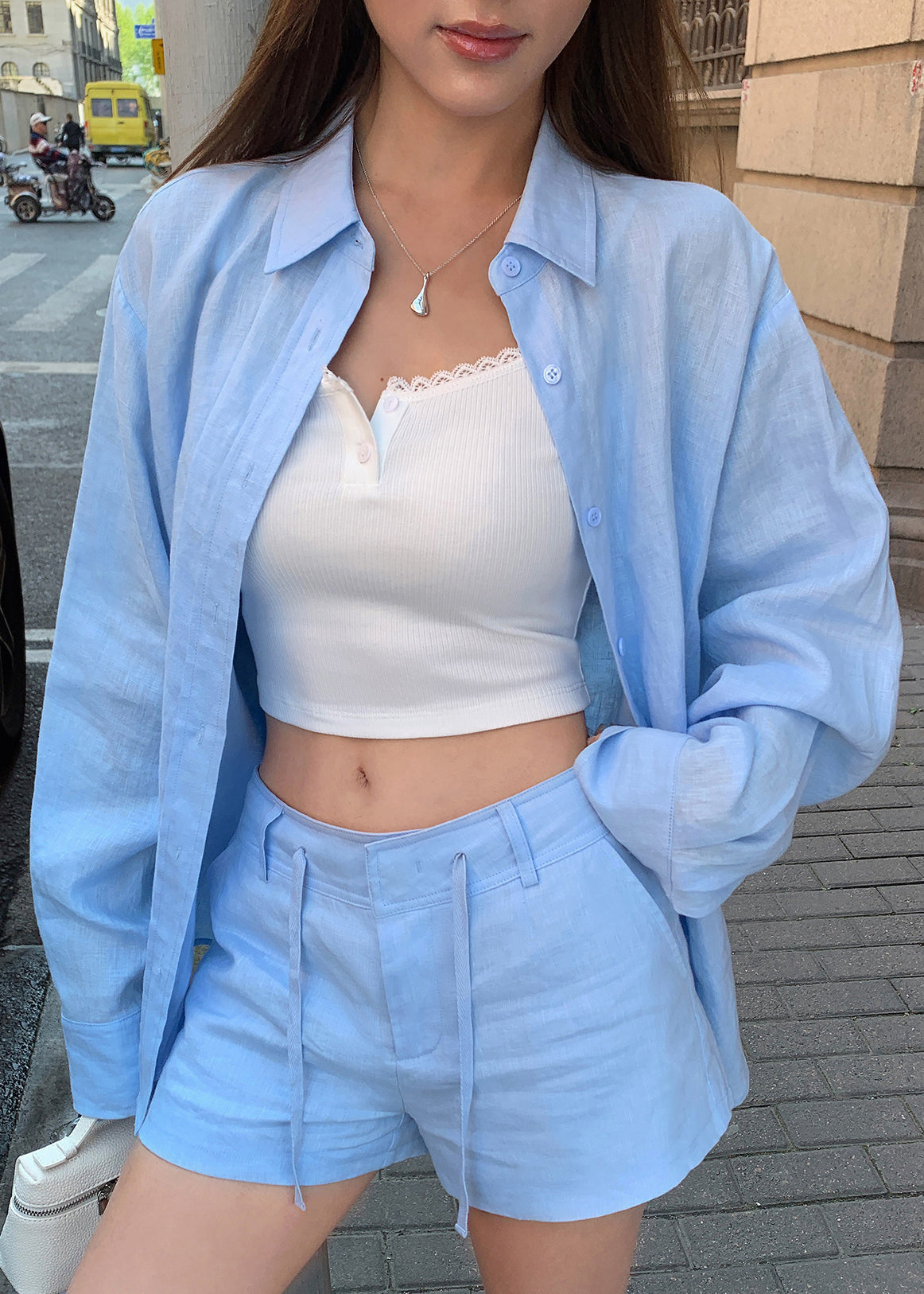 Shorts And White Shirts New Pan Peter Linen Collar Summer Outfit FashionChic