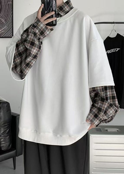 Plaid New Cotton False White Two Patchwork Mens Pieces FashionChic