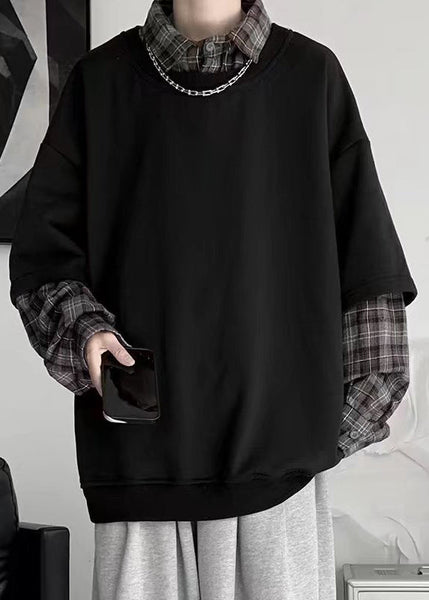 Plaid New Cotton False White Two Patchwork Mens Pieces FashionChic