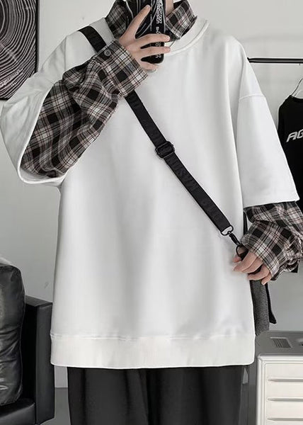 Plaid New Cotton False White Two Patchwork Mens Pieces FashionChic