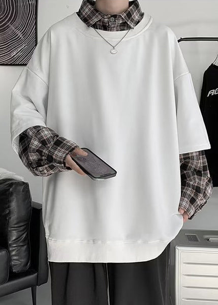 Plaid New Cotton False White Two Patchwork Mens Pieces FashionChic