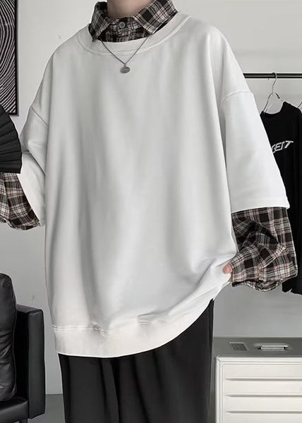 Plaid New Cotton False White Two Patchwork Mens Pieces FashionChic