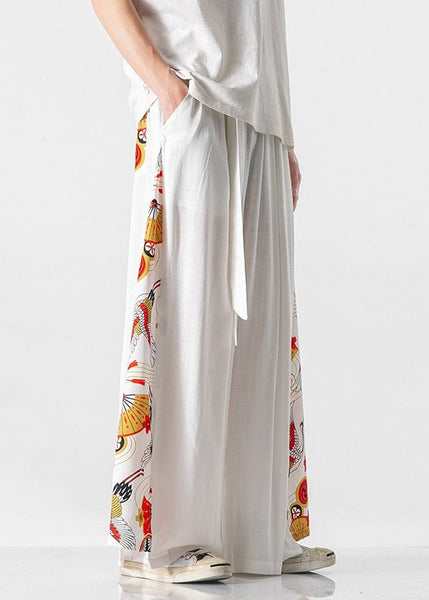 New White Pockets Print Patchwork Cotton Men Wide Leg Pants Summer SA040 Men-casual-MENP240726