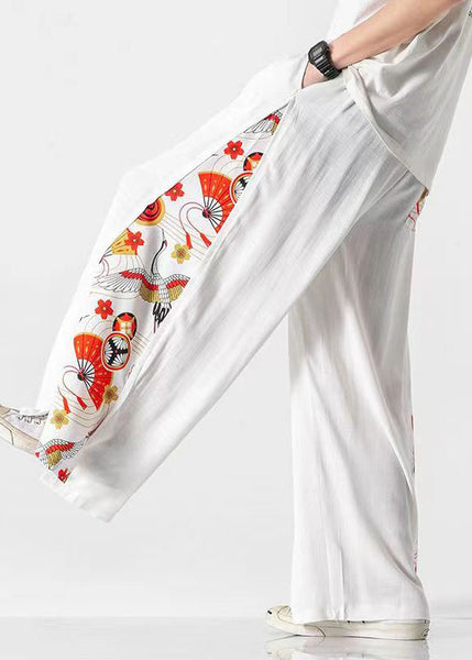 New White Pockets Print Patchwork Cotton Men Wide Leg Pants Summer SA040 Men-casual-MENP240726