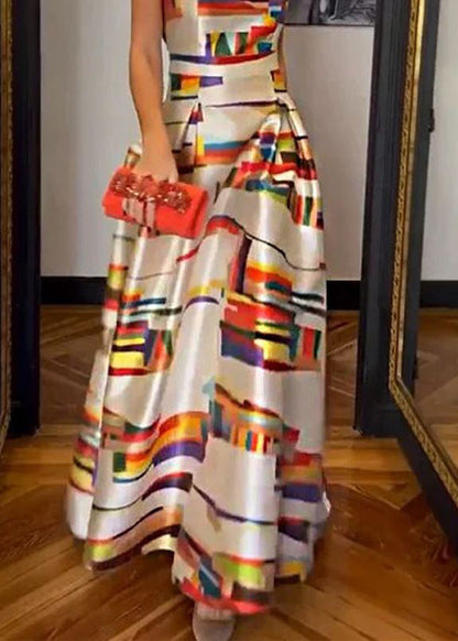 New White Print High Waist Silk Long Dress Sleeveless WW1040 Ada Fashion