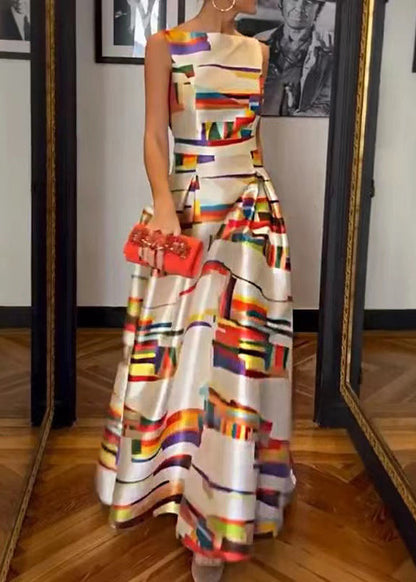 New White Print High Waist Silk Long Dress Sleeveless WW1040 Ada Fashion