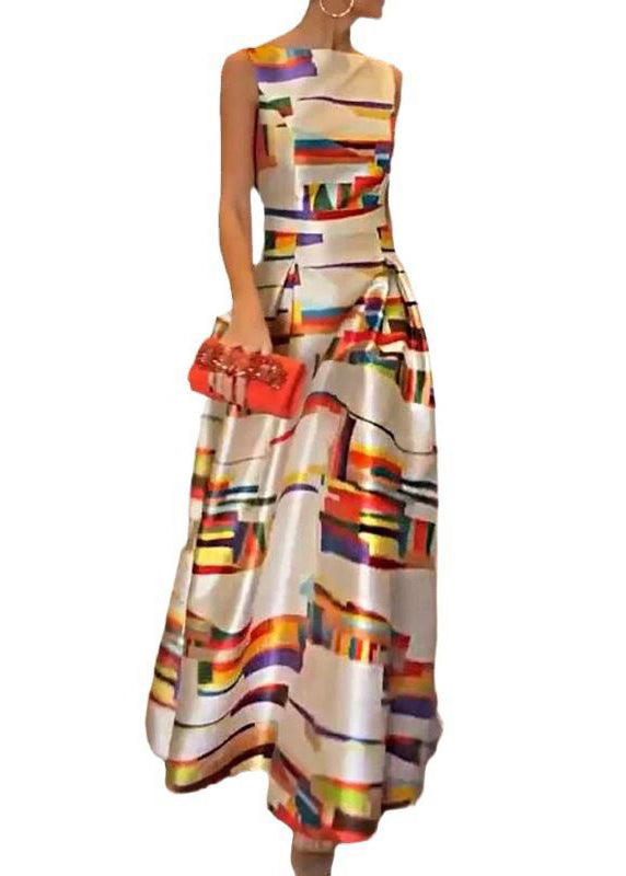 New White Print High Waist Silk Long Dress Sleeveless WW1040 Ada Fashion