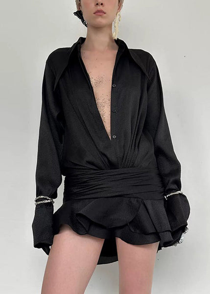 Shirts Sleeve New Long Ruffled Dress Patchwork White Chiffon FashionChic