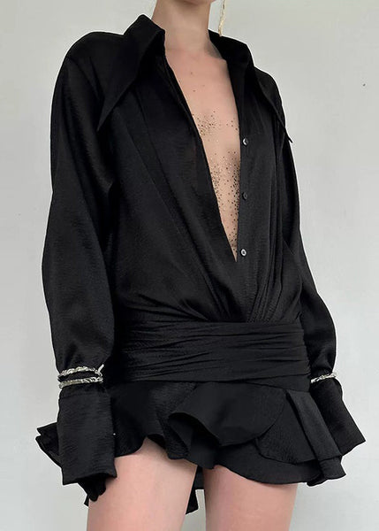 Shirts Sleeve New Long Ruffled Dress Patchwork White Chiffon FashionChic