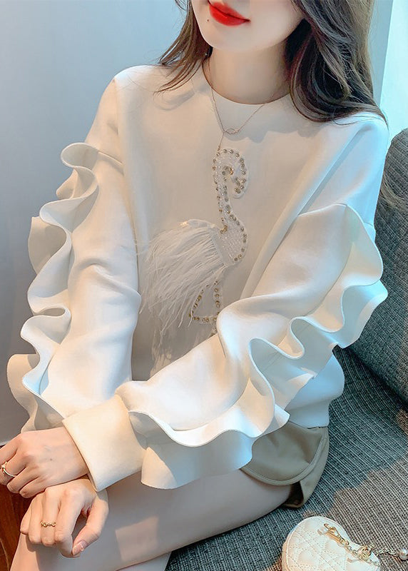 New White Ruffled Patchwork Cotton Sweatshirt Fall WM013 ABC