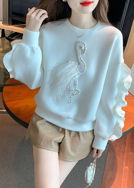 New White Ruffled Patchwork Cotton Sweatshirt Fall WM013 ABC