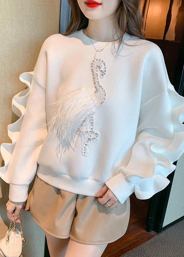 New White Ruffled Patchwork Cotton Sweatshirt Fall WM013 ABC