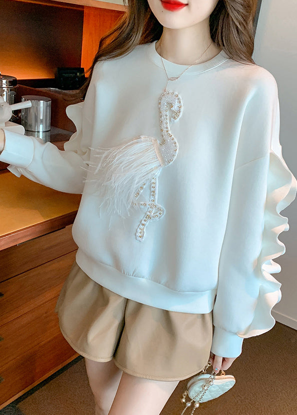 New White Ruffled Patchwork Cotton Sweatshirt Fall WM013 ABC