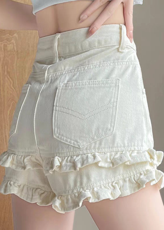New Denim White Pockets Shorts Ruffled Summer FashionChic