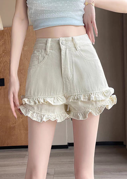 New Denim White Pockets Shorts Ruffled Summer FashionChic