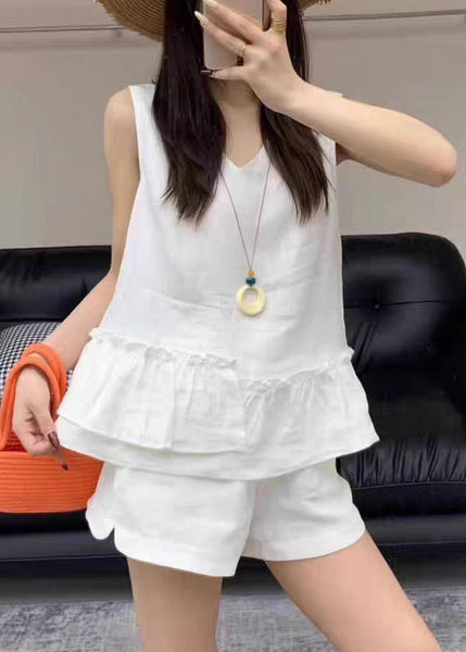 Pieces Two White Solid Ruffled Pockets Linen Set Summer New FashionChic