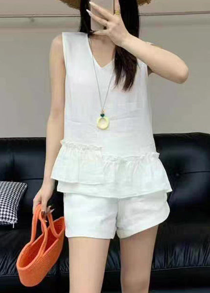 Pieces Two White Solid Ruffled Pockets Linen Set Summer New FashionChic