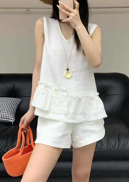 Pieces Two White Solid Ruffled Pockets Linen Set Summer New FashionChic
