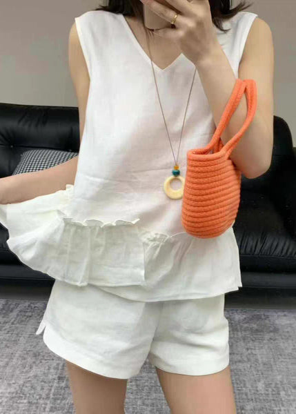 Pieces Two White Solid Ruffled Pockets Linen Set Summer New FashionChic