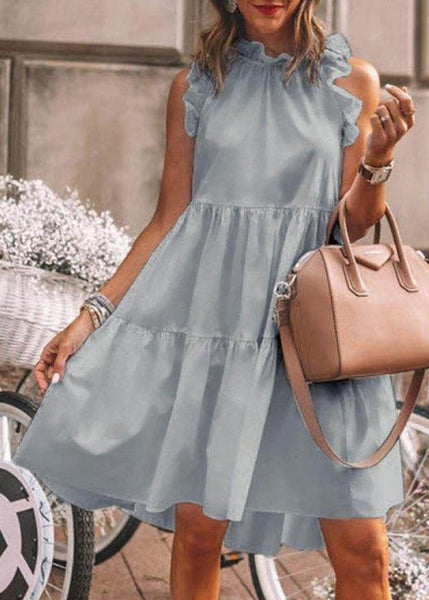 New White Ruffled Solid Cotton Dress Sleeveless BB049 Hawaii-SDM240622