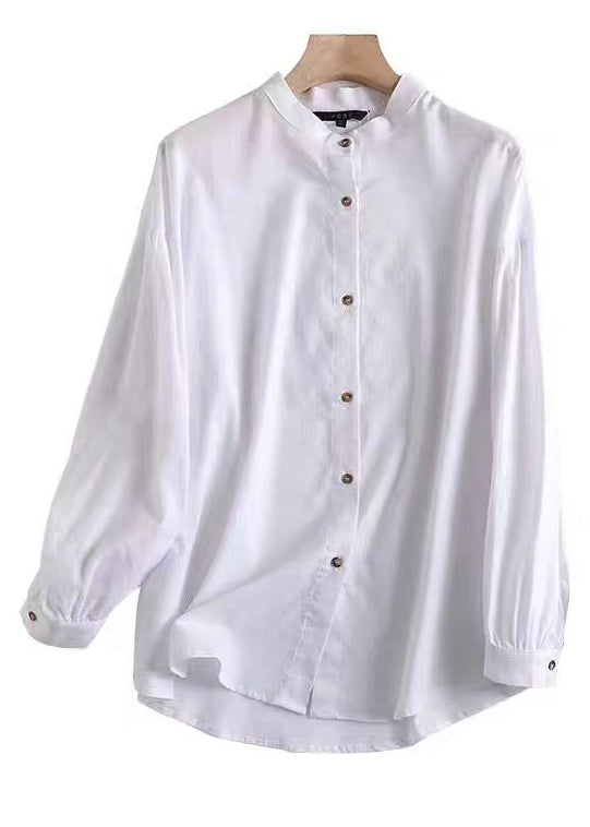 New White Stand Collar Button Cotton Blouses Long Sleeve FF050 MZF-LTP240607