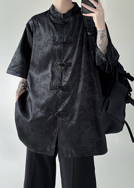 New White Stand Collar Button Silk Men Shirt Half Sleeve YT073 Men-Silk-MENSTP240721