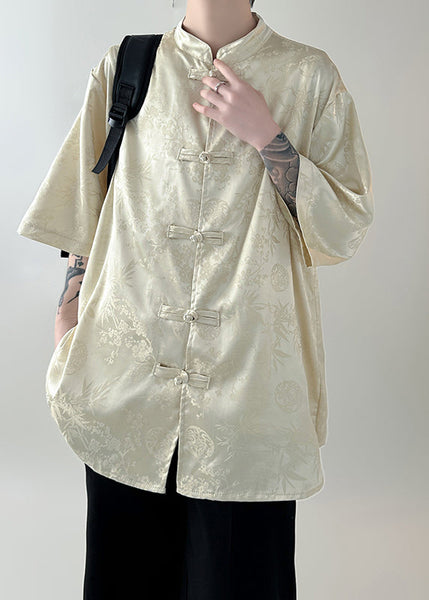 New White Stand Collar Button Silk Men Shirt Half Sleeve YT073 Men-Silk-MENSTP240721