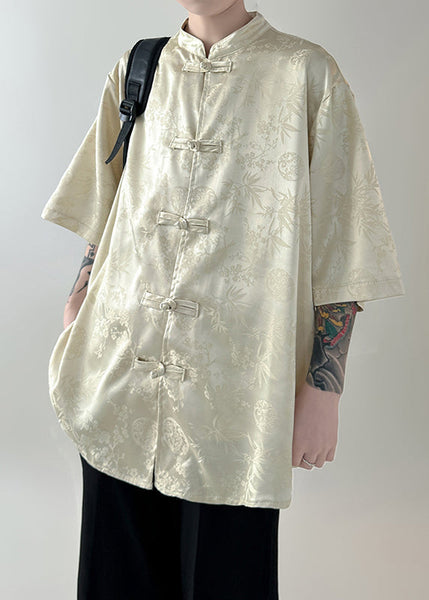 New White Stand Collar Button Silk Men Shirt Half Sleeve YT073 Men-Silk-MENSTP240721